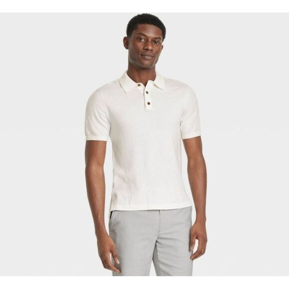 Houston White Target Mens White Knit Polo Shirt‎ Short Sleeve Striped Trim Small